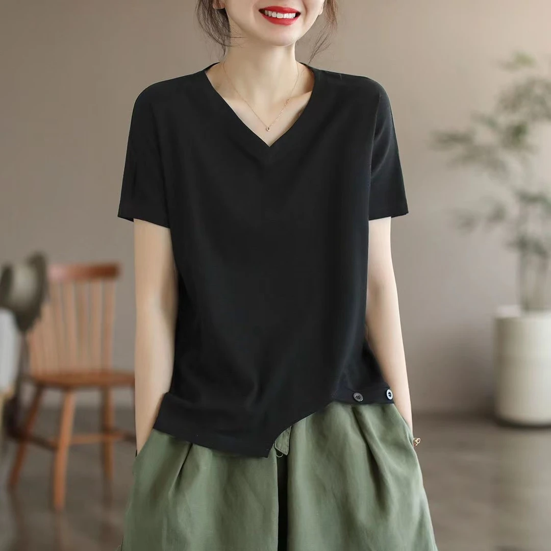 短袖T恤女2025夏新款文艺复古V领纯色宽松休闲薄款女上衣体恤
