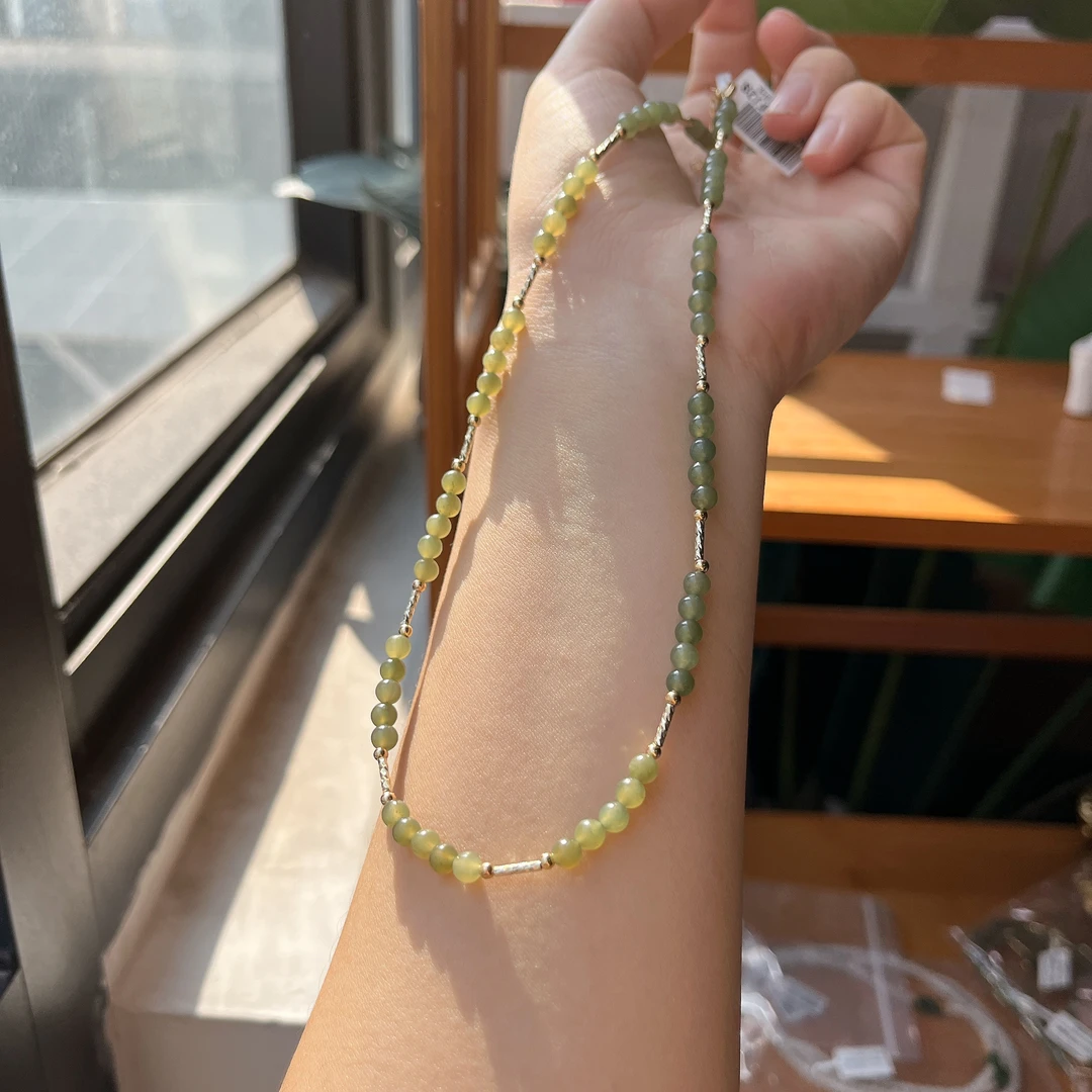 【郭老师】约4mm+和田玉晴水圆珠搭铜配件DIY项链约45cm