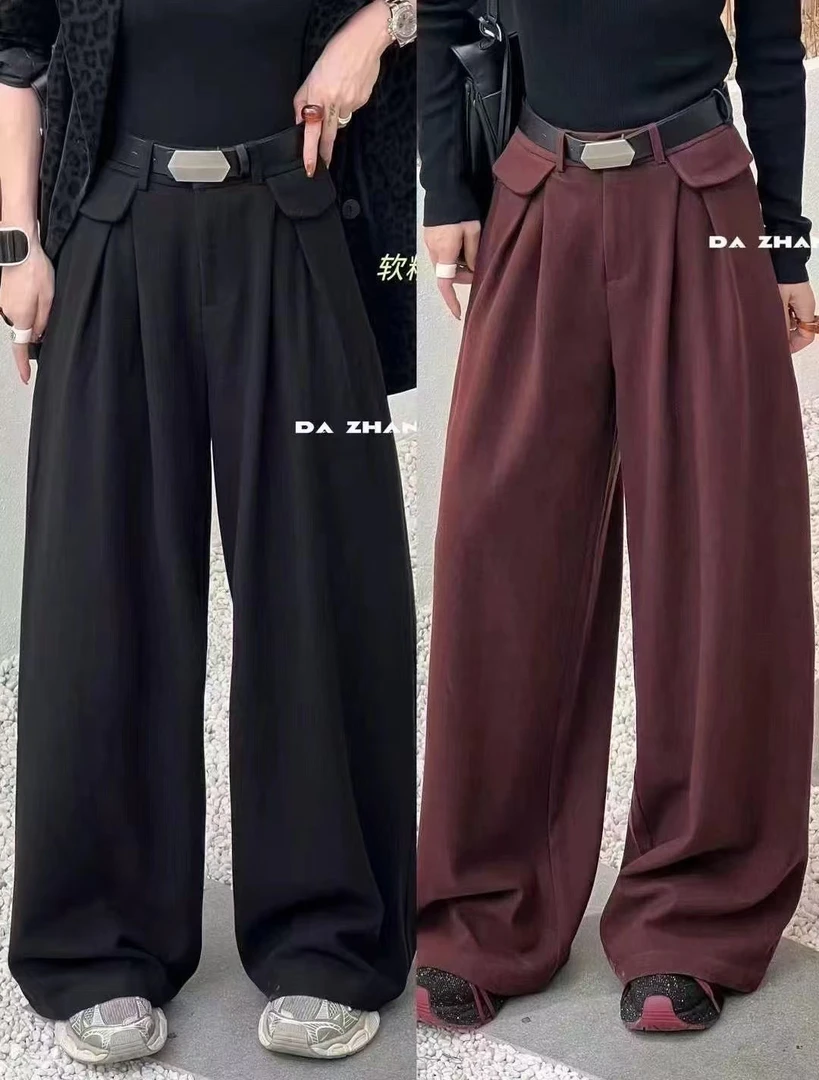 毛呢西装阔腿裤女2024秋冬高腰显瘦宽松直筒休闲拖地裤