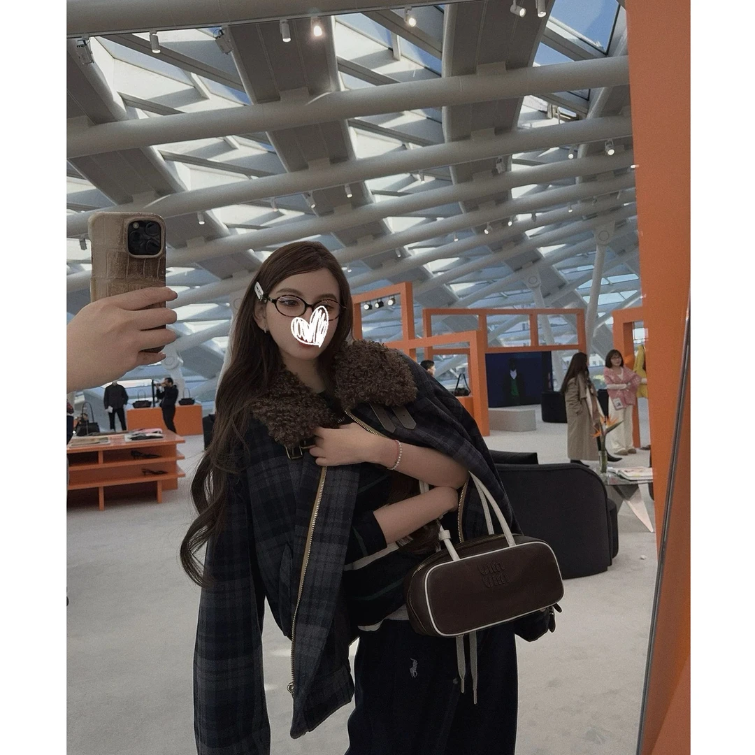仿羊羔毛领格纹棉服女冬季含羊毛复古设计感宽松外套3310