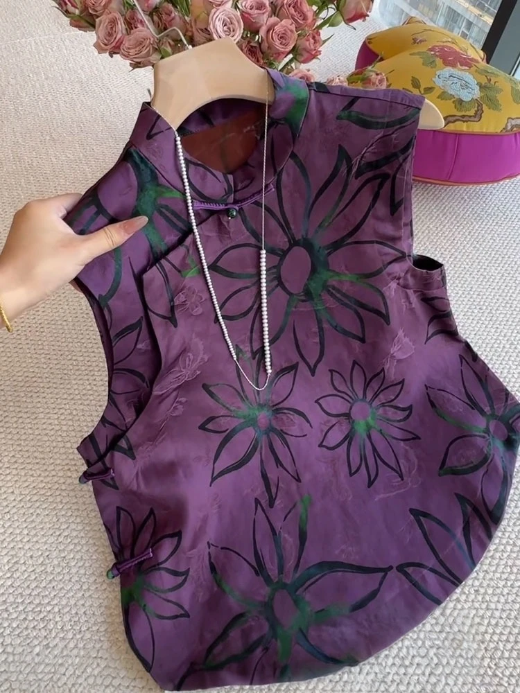 紫色时尚设计感印花无袖女2025夏季新款洋气显瘦百搭大码上衣潮流