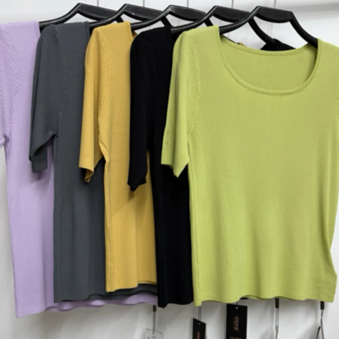 中袖夏季短袖方领女薄款毛针织衫修身短款圆领宽松