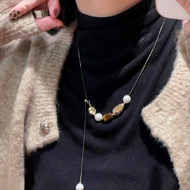 铜合金项链  美拉德轻奢抽拉女项链小众设计秋冬长款可调节毛衣链