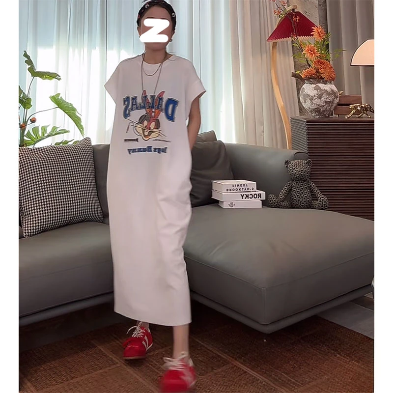 连衣裙女夏天2025新款夏季短袖t恤裙子韩版oversize开叉过膝长裙