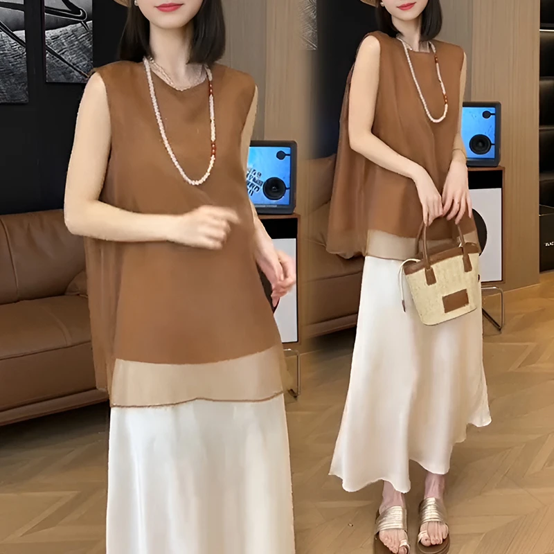 极简风高级感通勤气质背心上衣女2025夏季新款设计感网纱拼接衬衣