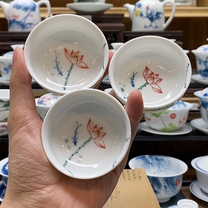 手绘五色彩莲60cc三个装釉下彩微瑕福利款