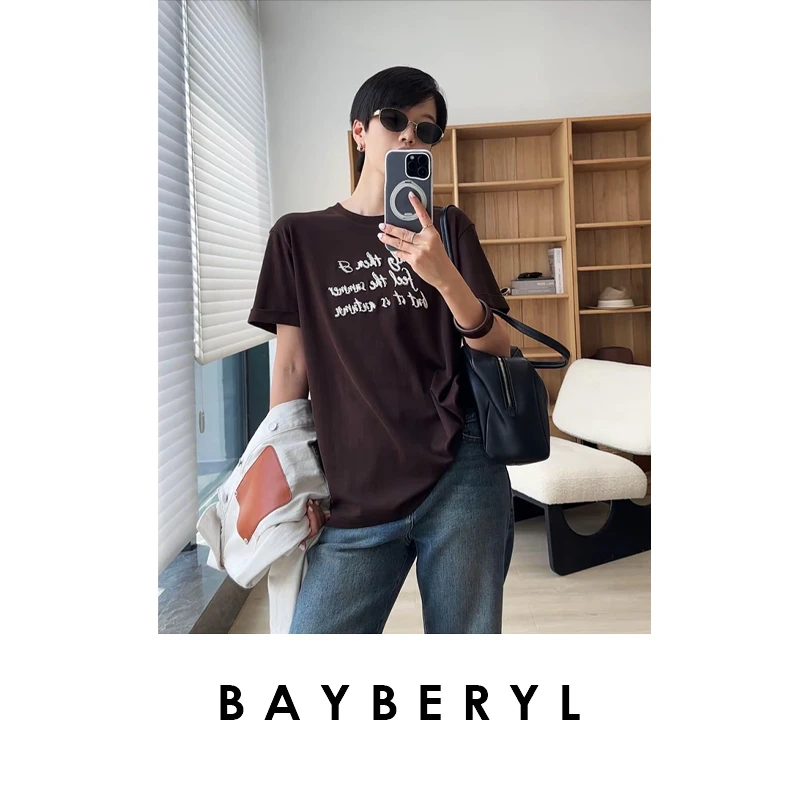 BAYBERYL老贝链条绣*醋酸棉字母圆领舒适短袖T恤NT5G1103
