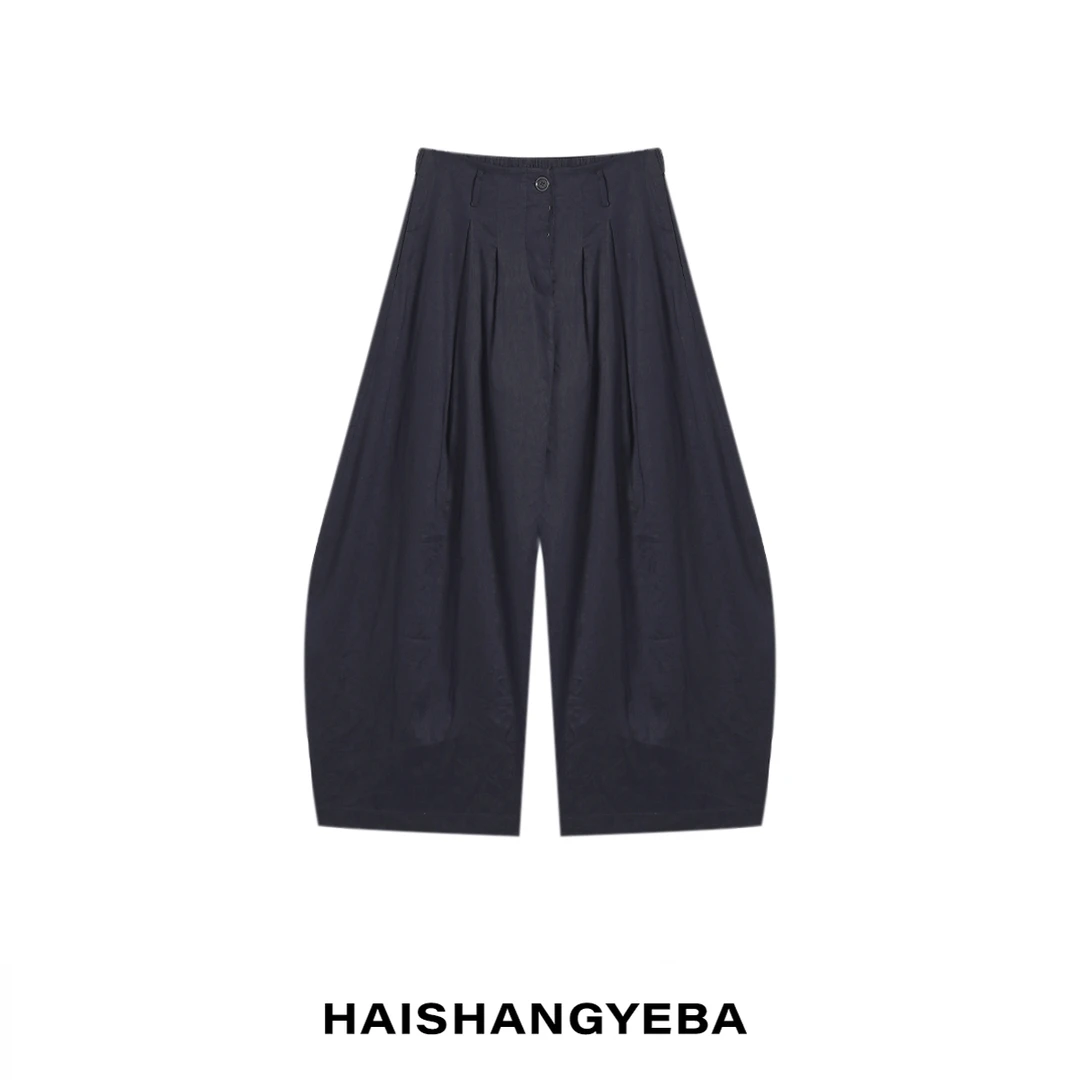 【海上叶爸】新款2025春夏百搭亚麻褶皱宽松纽扣直筒休闲裤