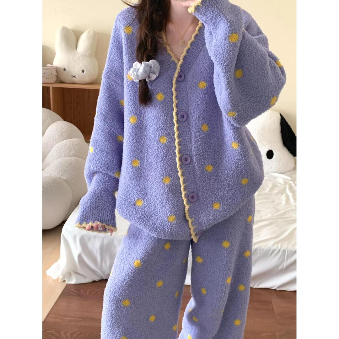 韩版紫色波点半边绒V领睡衣女冬季2025年新款保暖家居服两件套ins