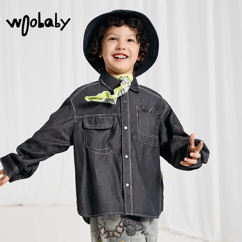 woobaby儿童牛仔衬衫男童女童24春装中小童衬衣外套洋气上衣童装