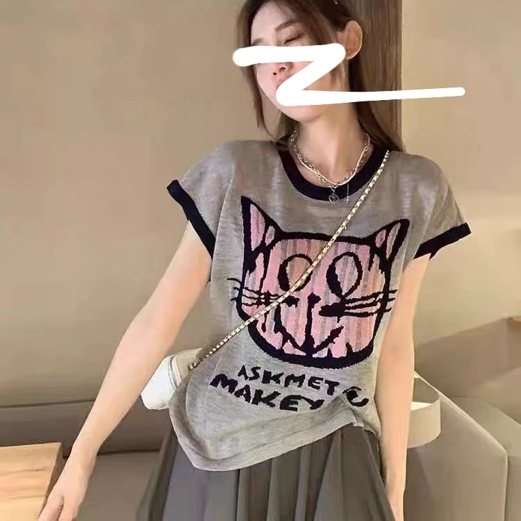 （柚子同款）GL夏款显瘦猫头小飞袖冰丝针织T恤