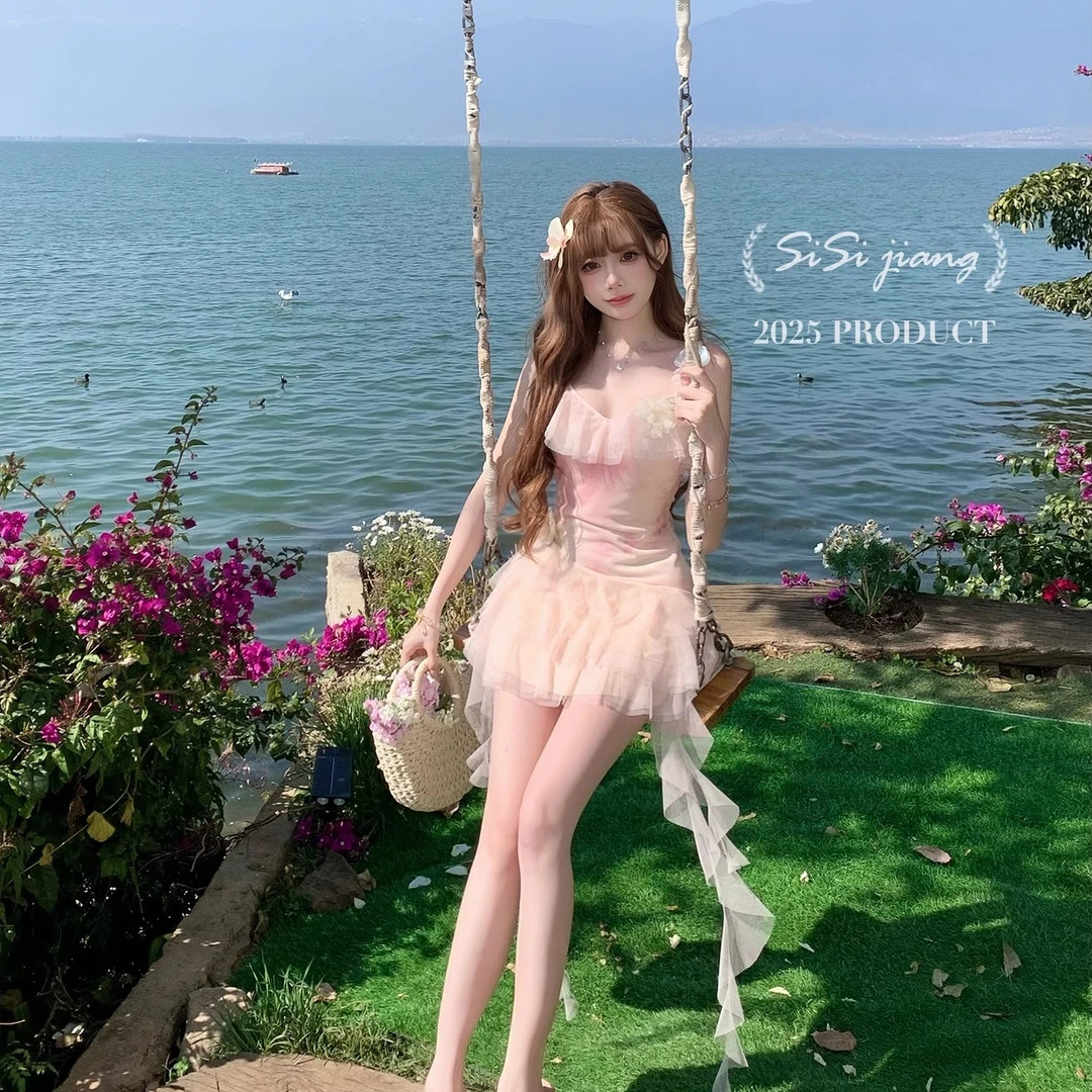 温泉夏季泡泡袖甜美浪漫氛围感纯欲连衣裙浅粉吊带裙仲夏夜梦新