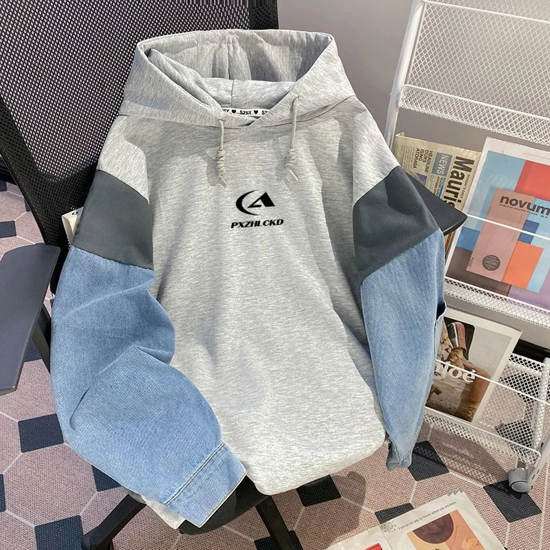 春秋薄款纯棉牛仔拼接连帽卫衣女时尚宽松ins潮大码女装显瘦上衣
