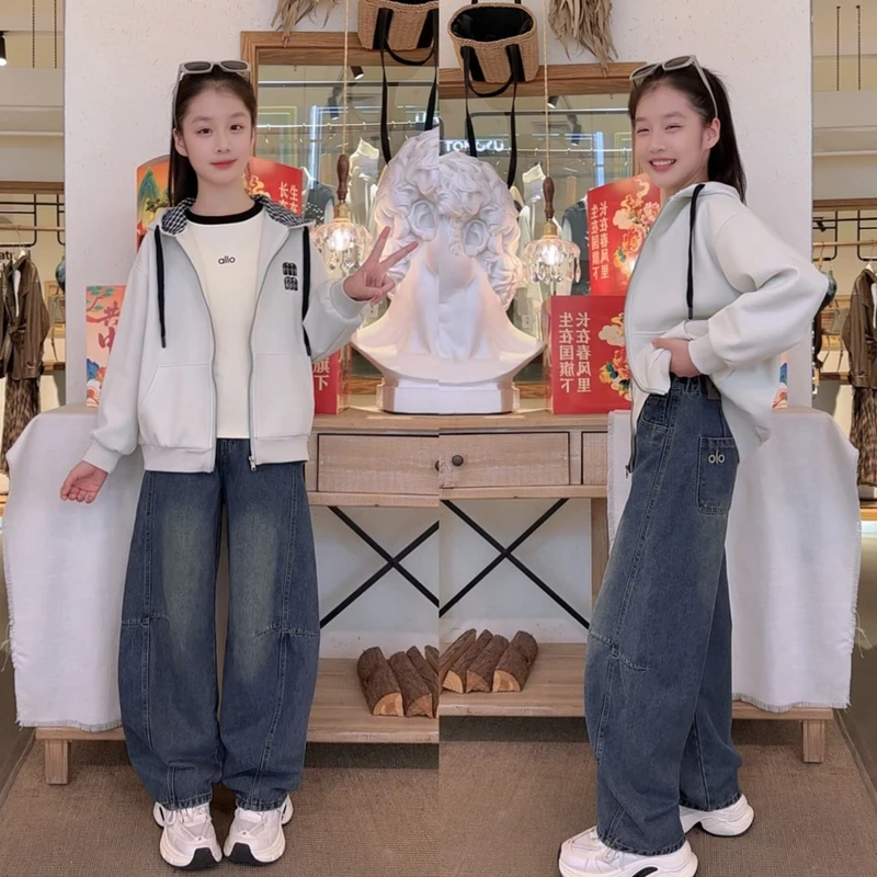 童装男女童牛仔弯月直筒裤普通外套宽松上衣韩版拉链衫外套中大童