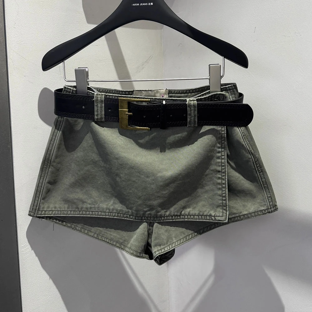 低腰简约宽腰带假两件贴片性感辣妹工装裙短裤2025年春夏新款女