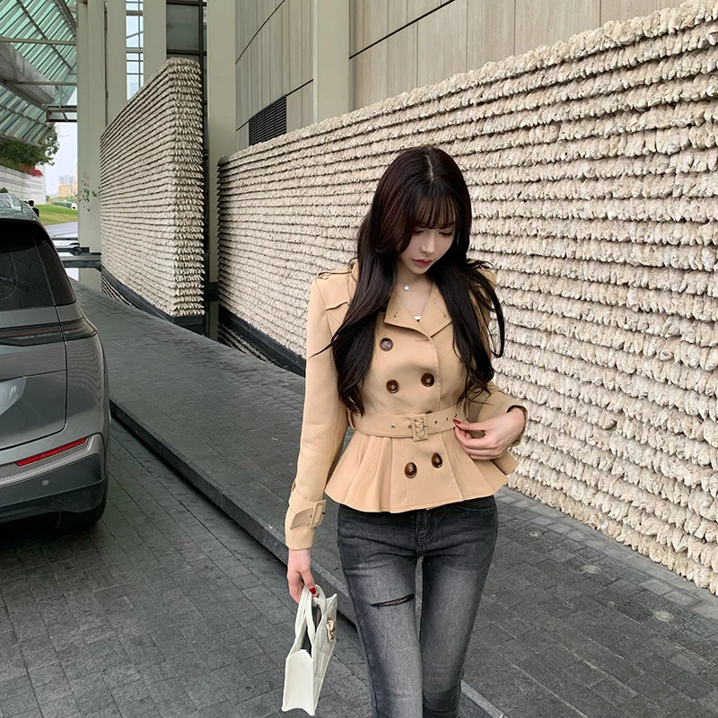 Liuu嘻嘻阿韩版气质双排扣风衣外套女春季带腰带收腰百搭洋气上衣