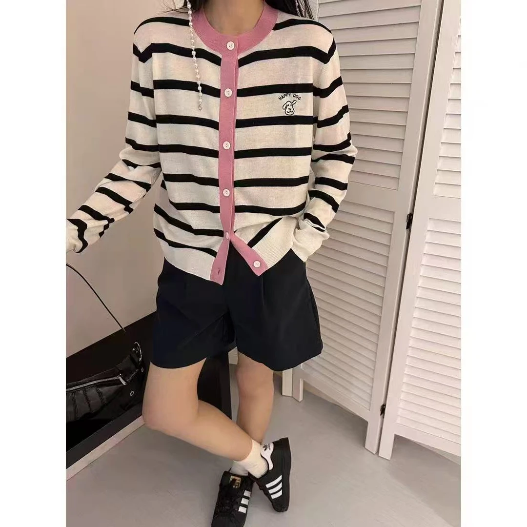 2025韩系时尚条纹撞色圆领开衫