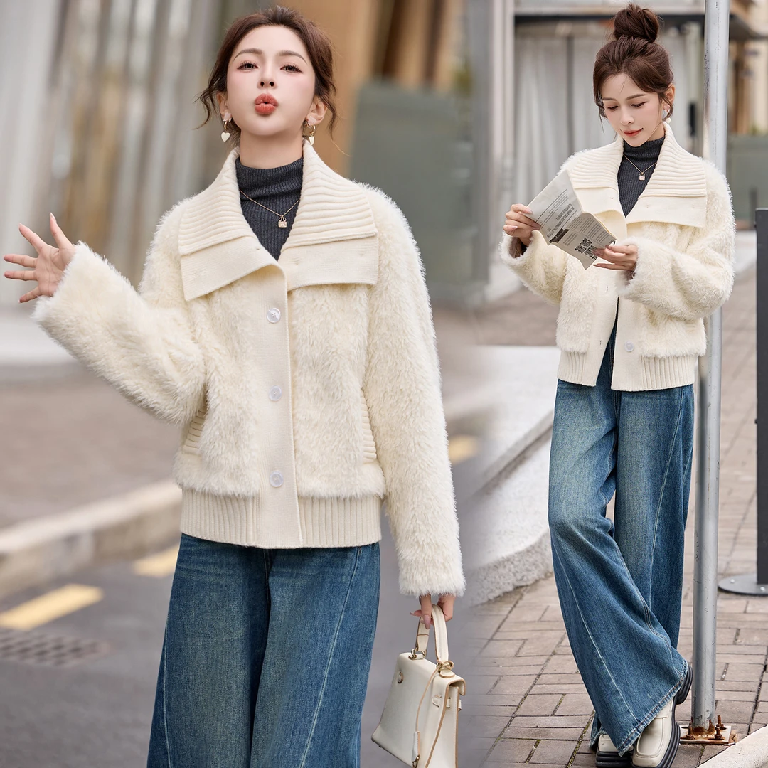 小香风针织拼接皮毛一体外套女2025冬季新款韩系时髦洋气短款上衣