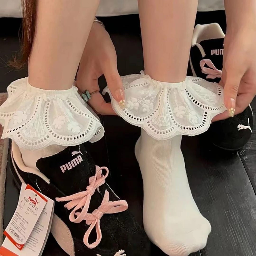 【高品质】立体刺绣花边袜女短袜夏季薄款镂空荷叶边芭蕾风短筒袜女