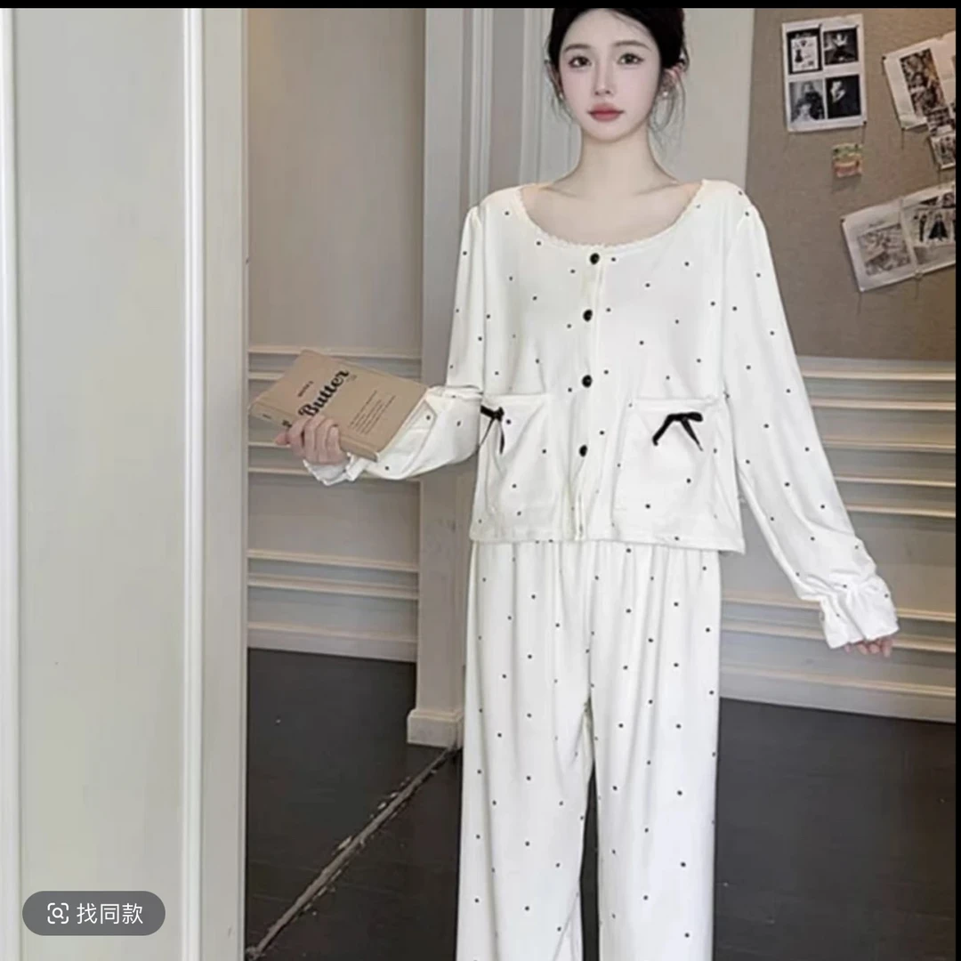 琦欣家海岛绒甜美风白色波点加厚套装家居服套装