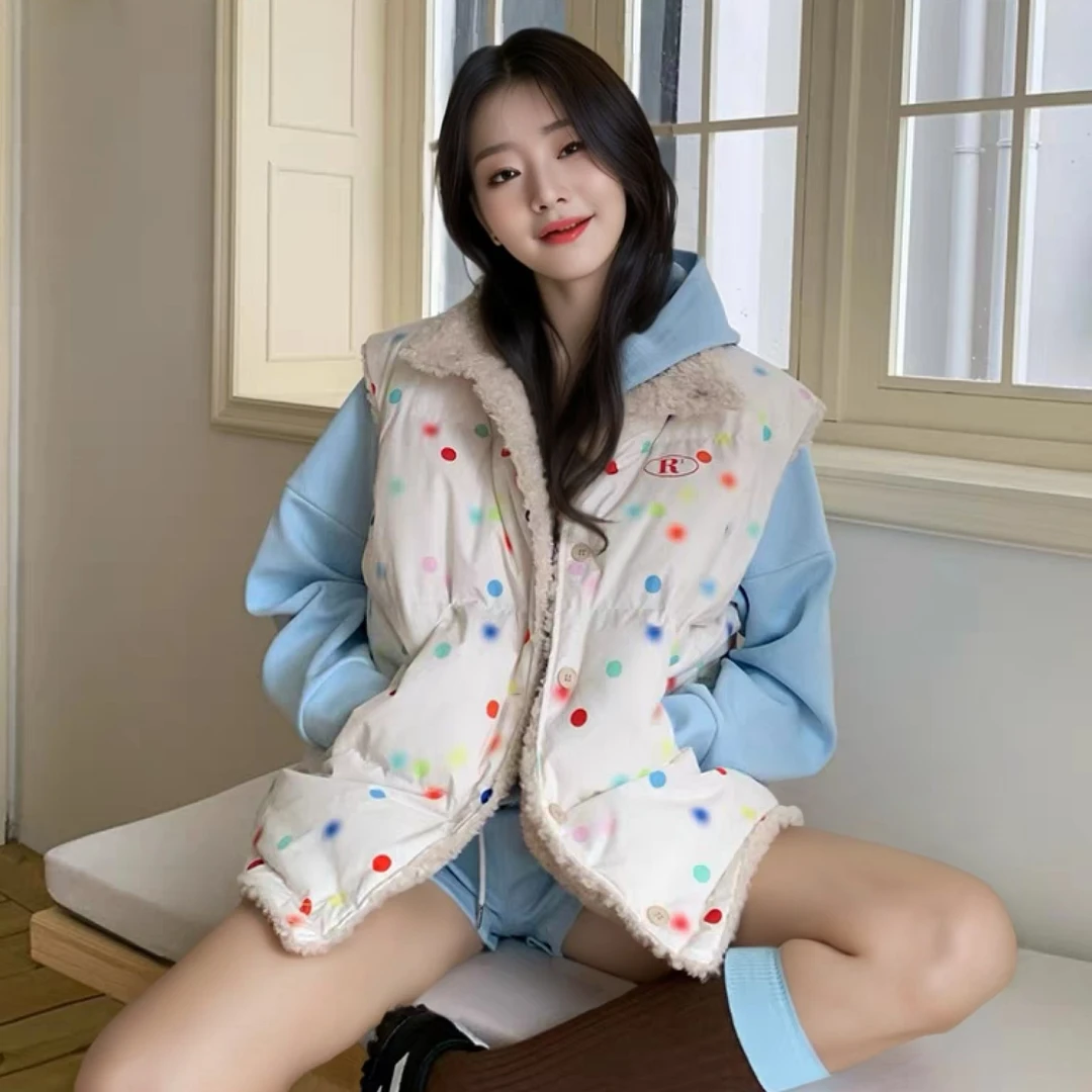 两面穿格子羊羔绒韩系马甲女休闲加厚马夹百搭坎肩学生棉服外套潮