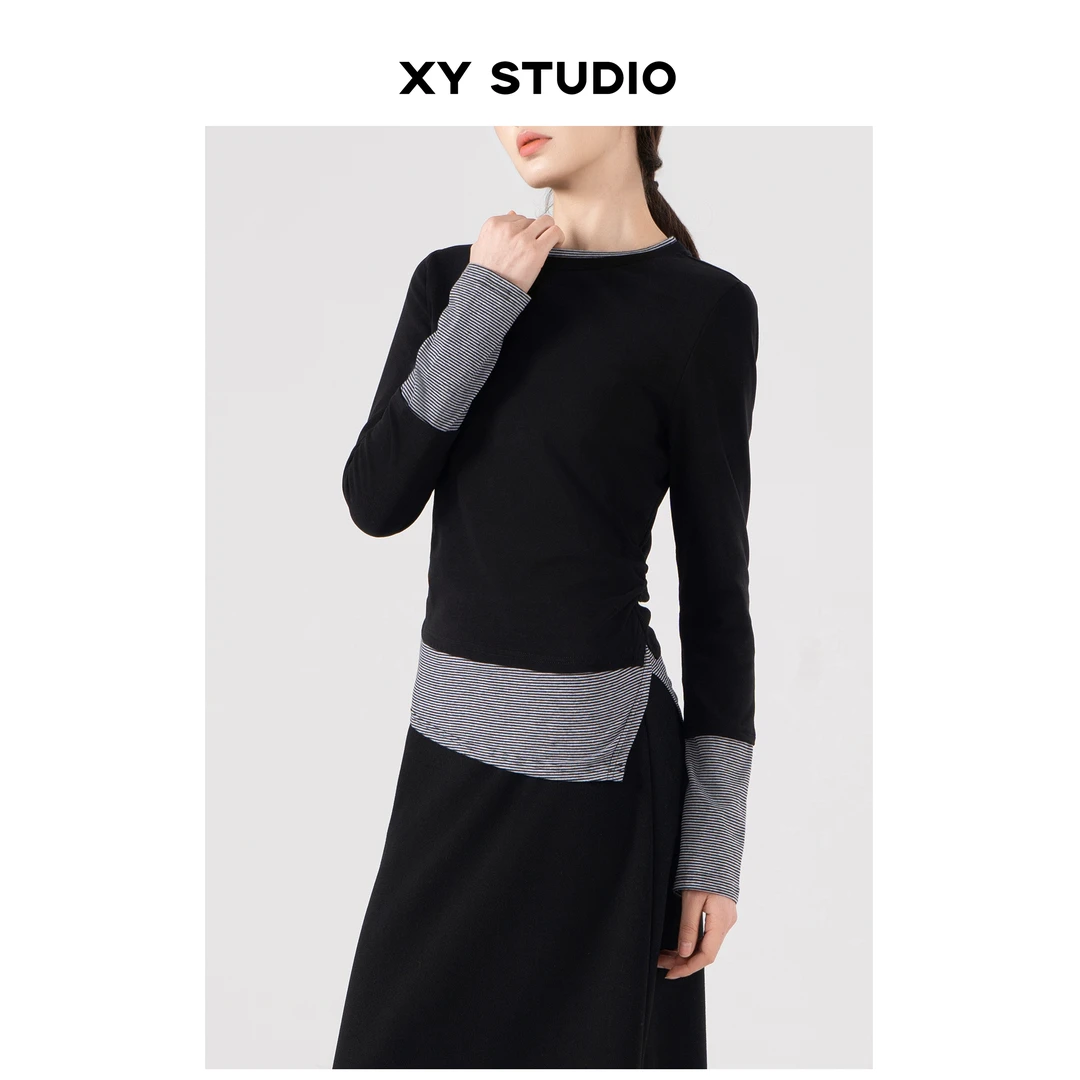 撞色拼接假两件针织长袖秋冬品质女装设计感时尚叠穿气质修身上衣