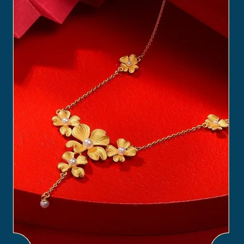 铜合金项链 珍珠花田喜事项链女款高级感轻奢时尚百搭金色