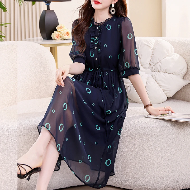 深蓝印花连衣裙木耳花边半透明短袖设计优雅精致时尚感连衣裙9827