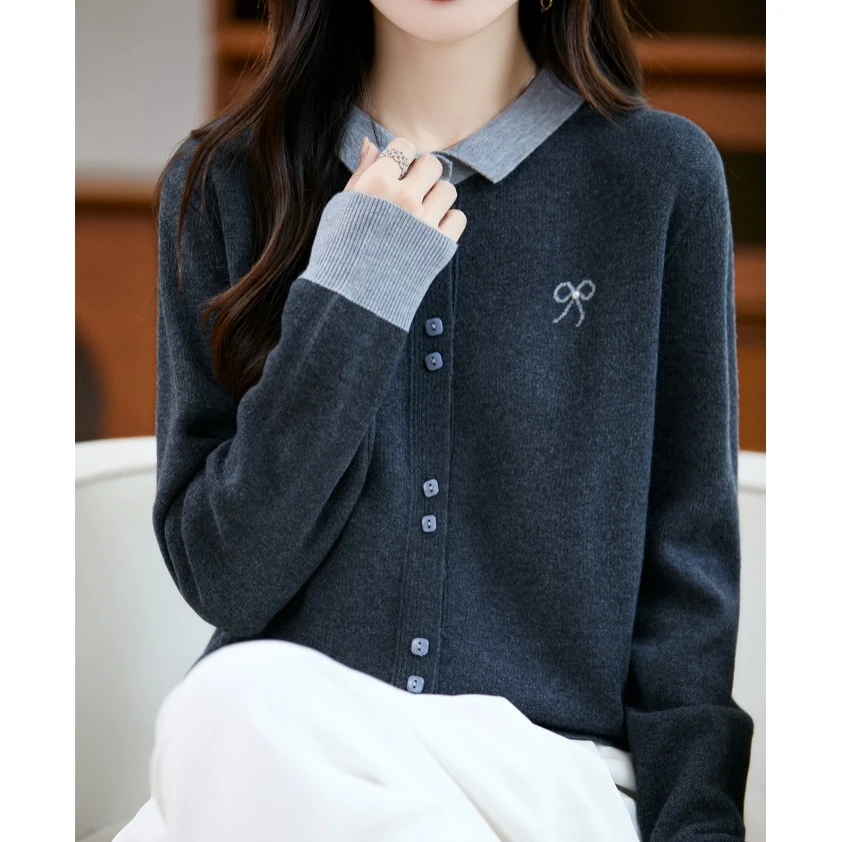 LULU MYSTERY领撞色针织开衫女早秋新款减龄洋气外穿高级感上衣