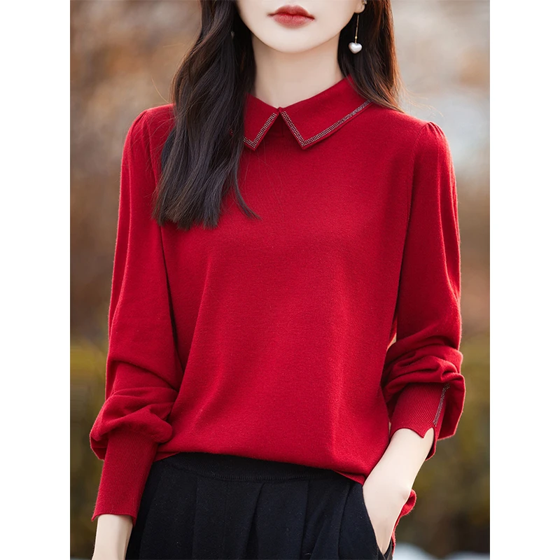 POLO领长袖针织衫女春秋新款气质百搭时尚烫钻精纺薄款羊毛打底衫