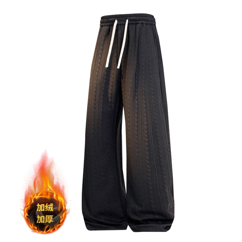 冬季加绒阔腿直筒卫裤日系慵懒风中腰男女款耐磨透气宽松休闲