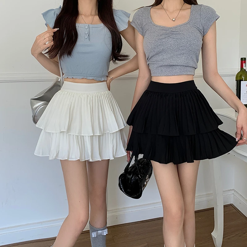 新款大码胖mm双层百褶裙显瘦蛋糕裙高腰遮肚子A字短裙蓬蓬裙