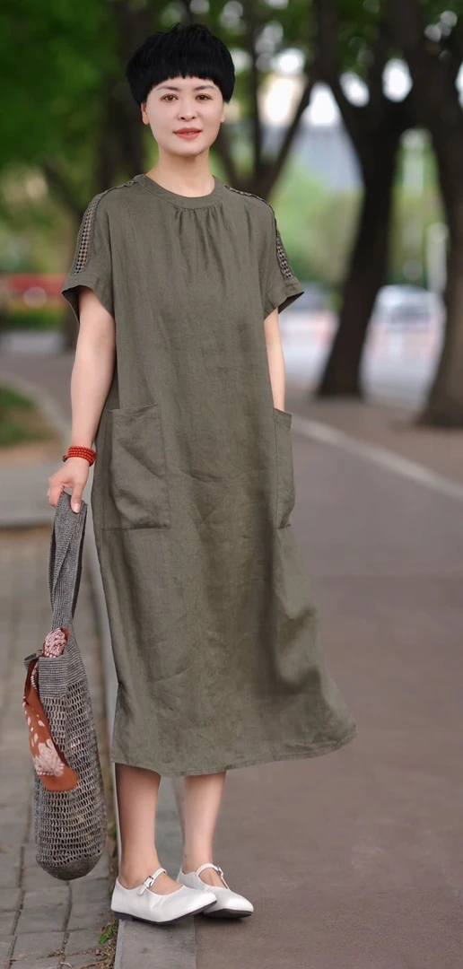 【和家2025夏季新款女装】时尚宽松显瘦纯亚麻中长款文艺连衣裙