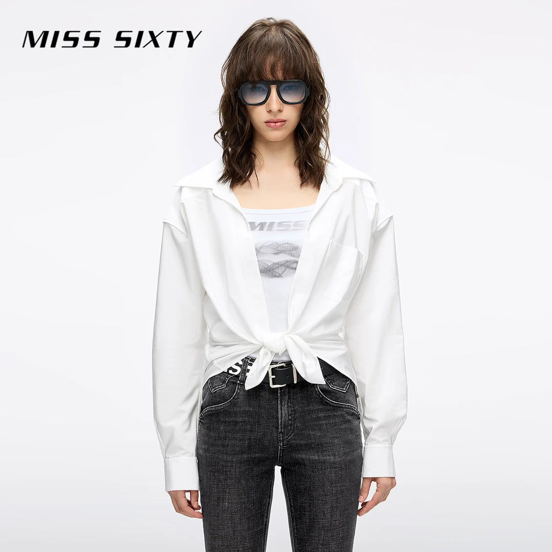 Miss Sixty2025秋季新款衬衫女进口三醋酸混纺绑带翻领休闲上衣