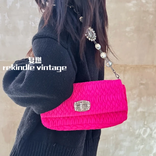95新 MIU MIU/缪缪 复燃精选/褶皱粉色单肩包