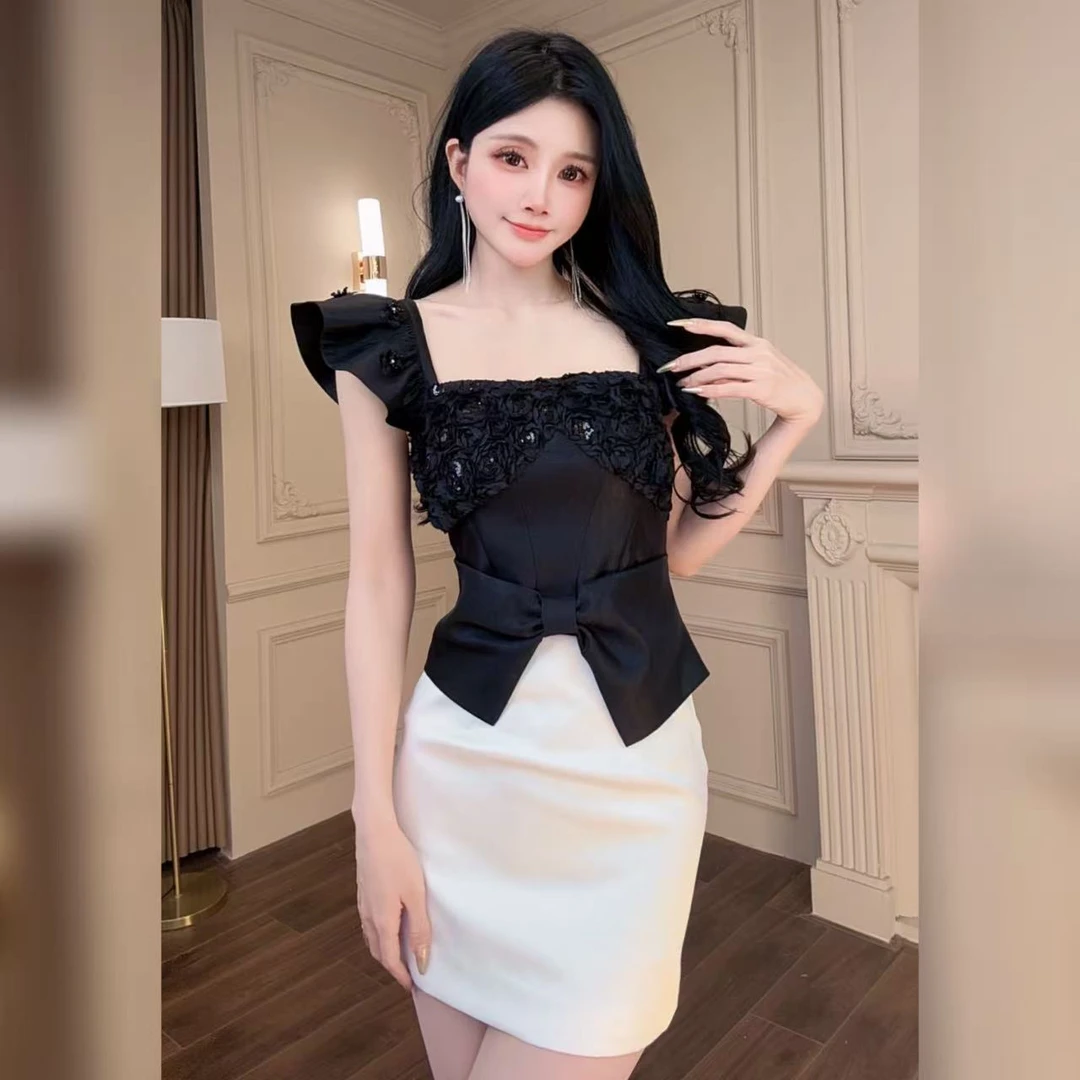 柔娜定制  显瘦气质性感小众法式收腰修身设计感上衣91641