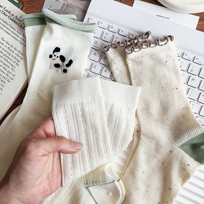 小狗袜子女中筒袜夏季薄款棉袜日系可爱木耳花边网眼透气无骨长袜
