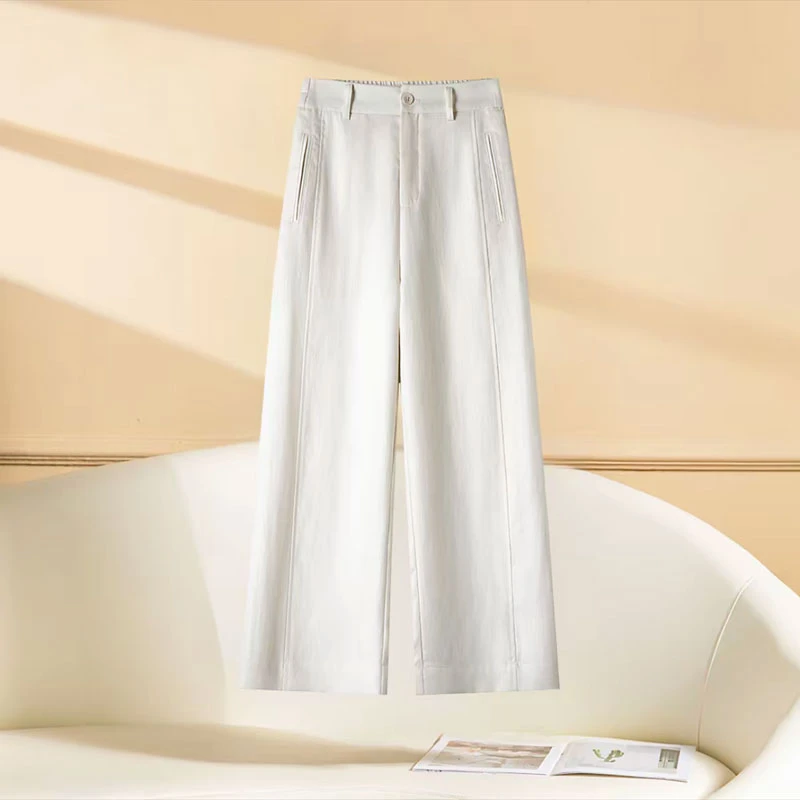 天丝亚麻九分直筒裤女2025夏季薄款西裤松紧显瘦宽松休闲直筒裤