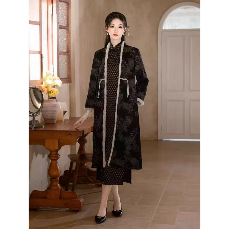 081 黑色 扇子竹叶 外披 旗袍