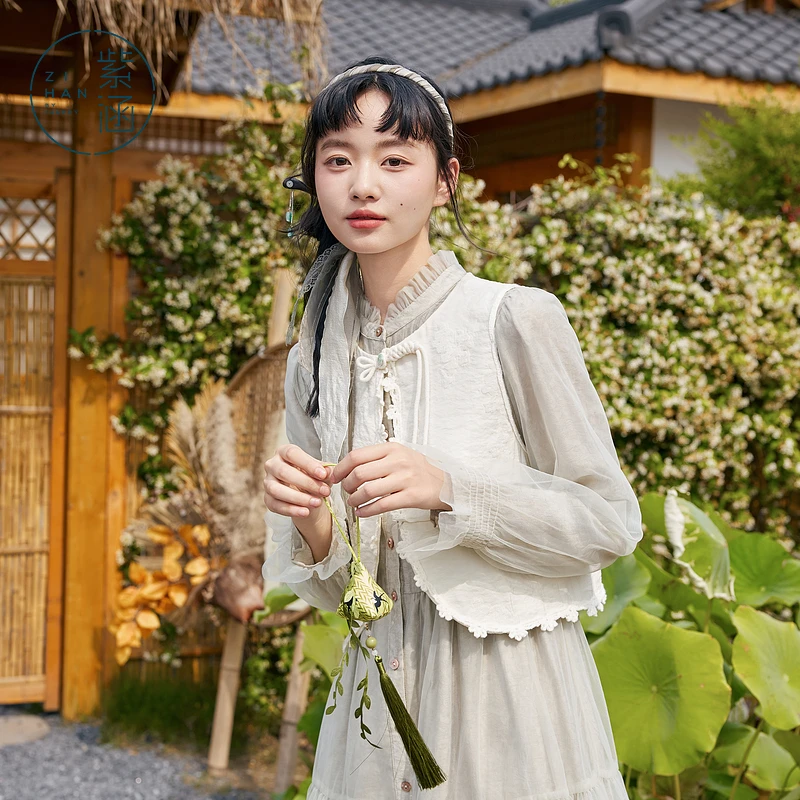 紫涵刺绣花边圆领马甲女新款提花盘扣无袖马夹外套Z4Z06DS048