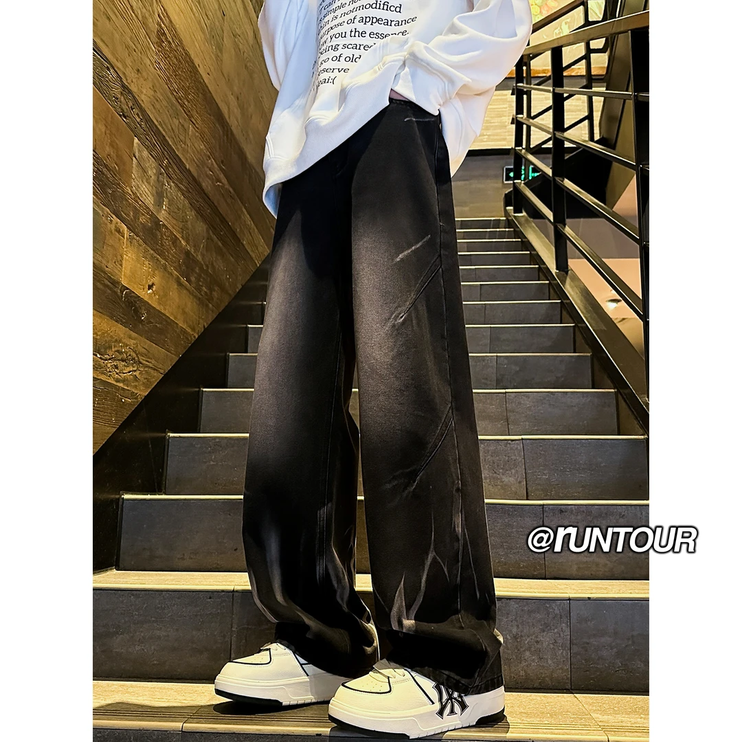 引创秋季新款百搭男士牛仔裤美式潮流高街大码直筒设计感扎染长裤