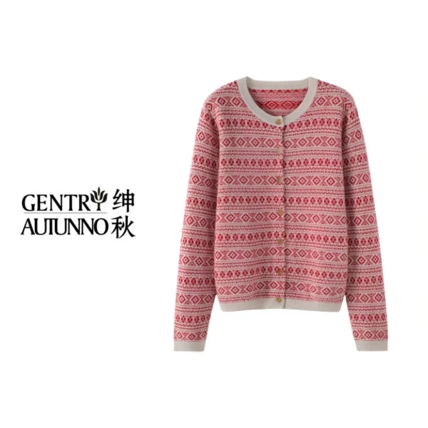 【100%纯山羊绒】董洁同款费尔岛系列复古条形方格花纹开衫