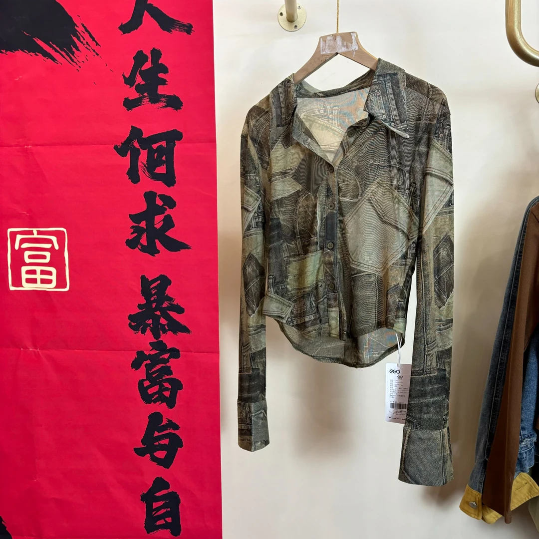 EGO-FAI113新款个性街头海报印花设计感长袖宽松衬衫