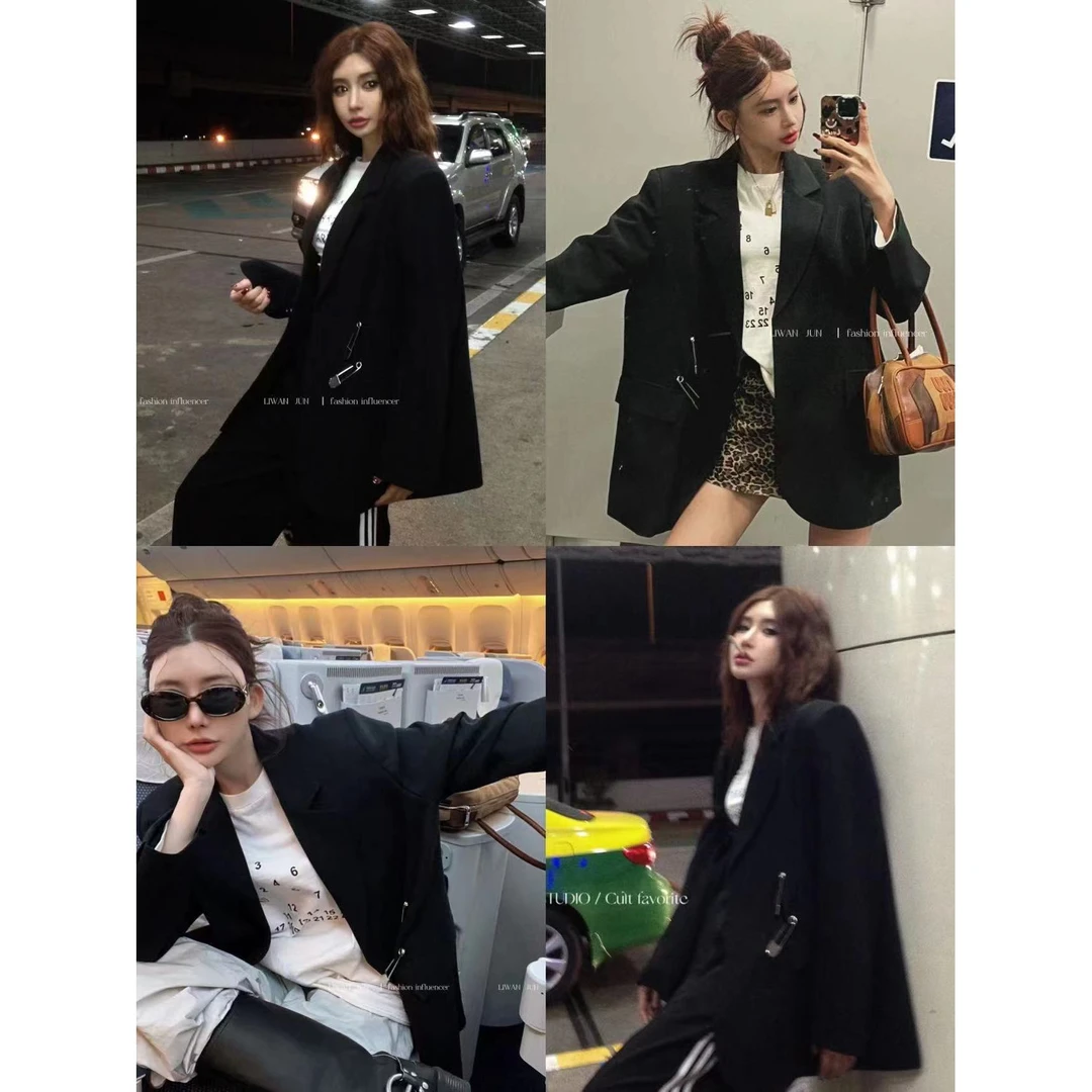 婉君【别针西装】春款休闲百搭黑色韩版小西装外套LWJ24A1C242