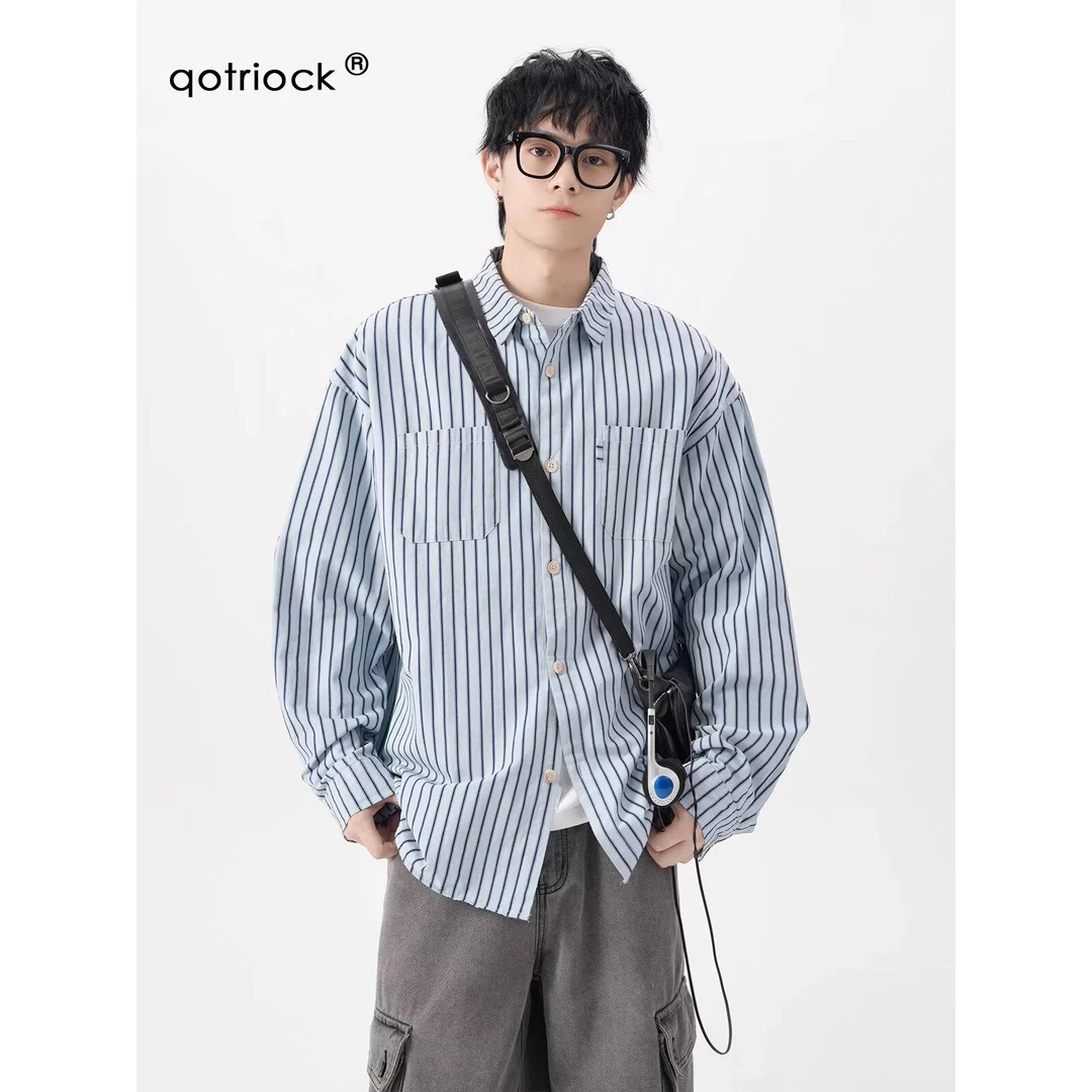 【Rich】长袖条纹衬衫男春秋韩版ins帅气宽松打底衬衣学院风痞帅
