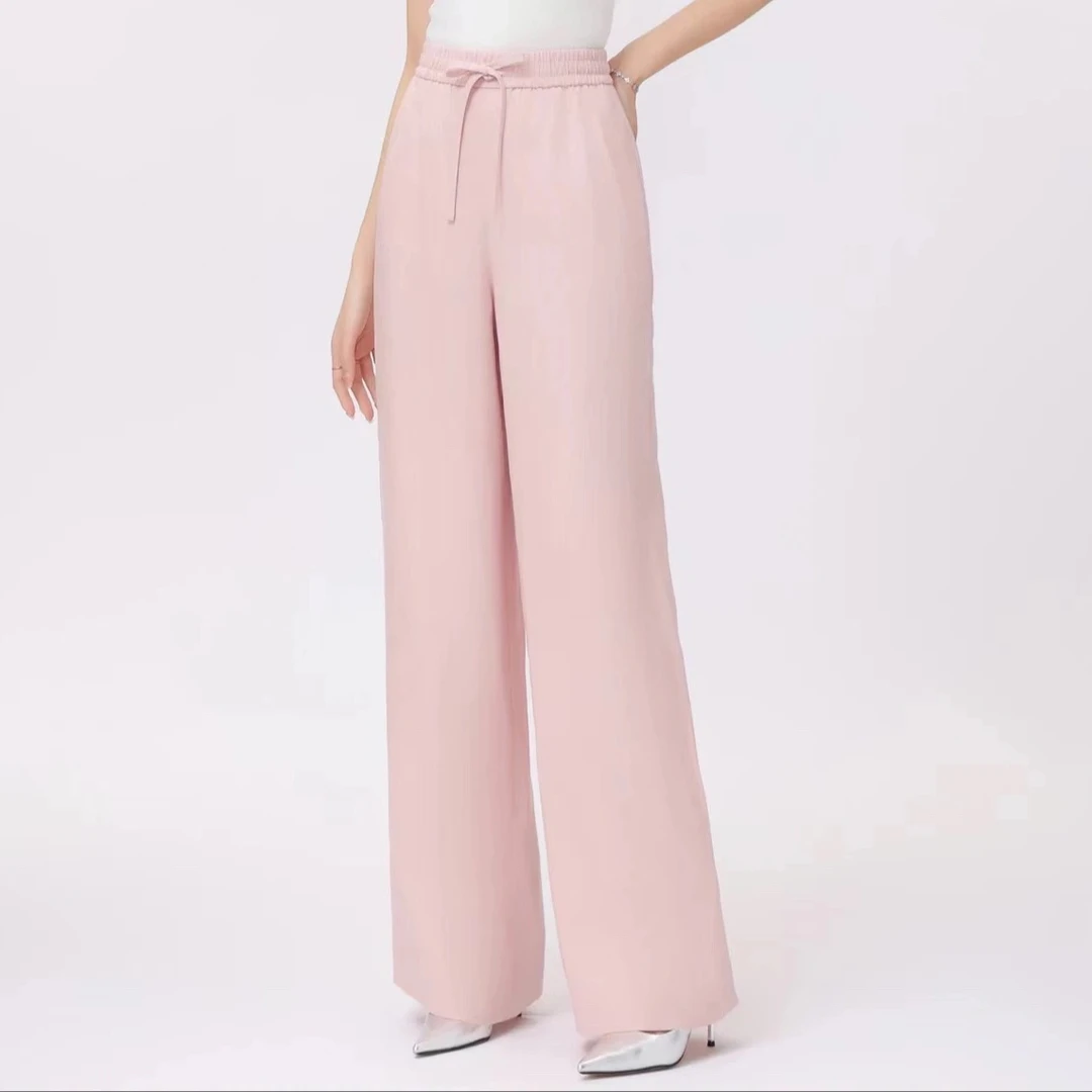 春夏新款时尚百搭宽松显瘦亚麻裤长裤高腰松紧腰5100552直筒裤子