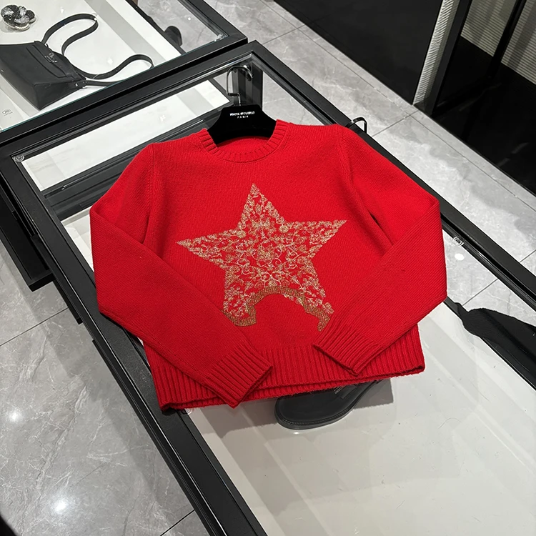 25年春装新款女装 时尚高定五角星字母提花圆领毛衣-24234
