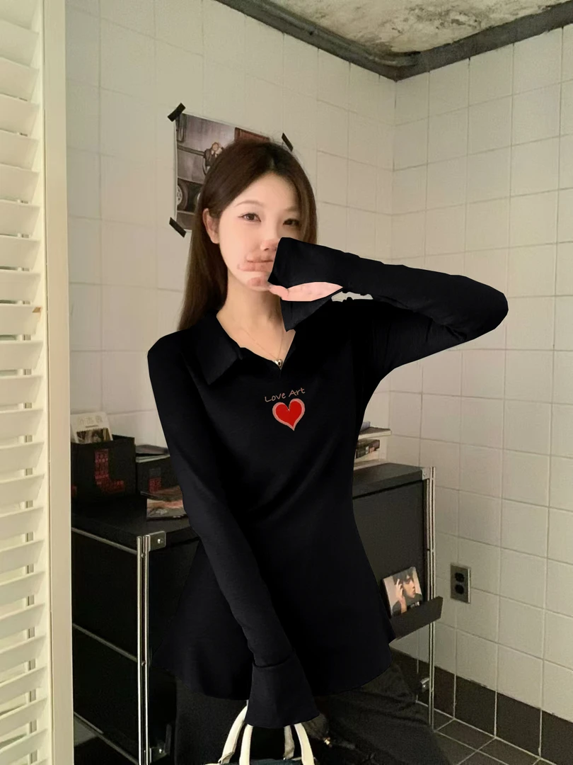 打底上衣百搭小众正肩Polo衫长袖t恤女时尚秋冬季显瘦掐腰高级感