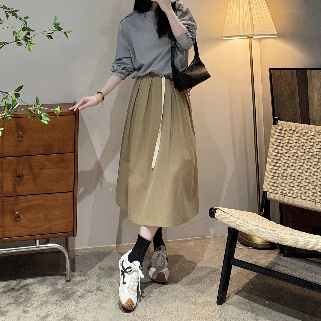 韩系气质时尚休闲百搭撞色腰带设计A摆显瘦伞裙女-JH25201306