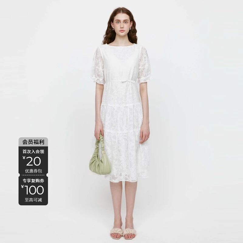 S·DEER圣迪奥时尚收腰显瘦夏季白色高端法式女装连衣裙S242Z12G2
